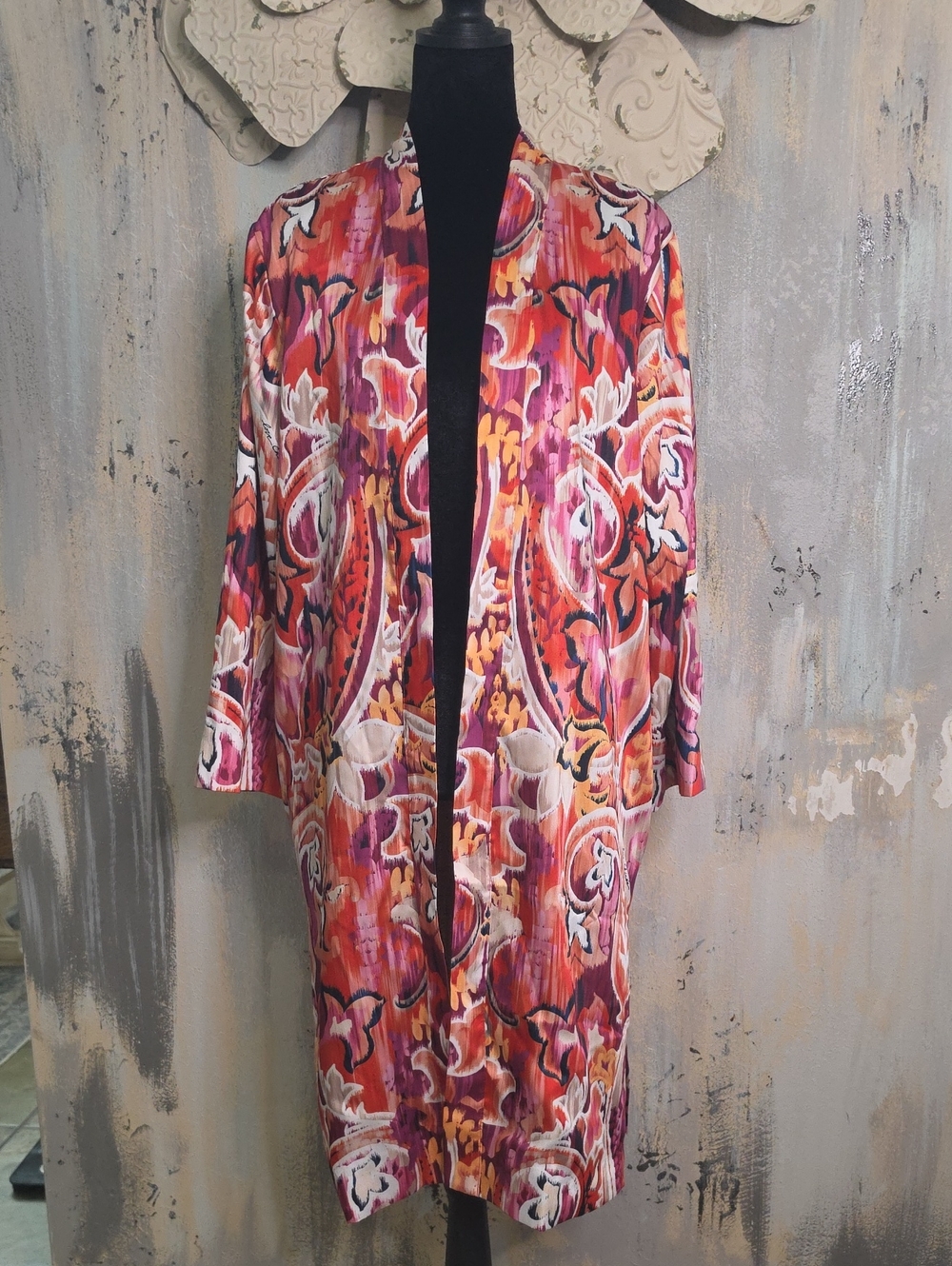 Women's Chico's Multicolor Open-Front Floral Print Duster - Pink, Orange, White
